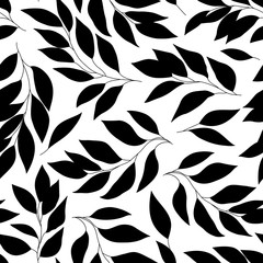 Black and white seamless pattern with leaves, vector background.