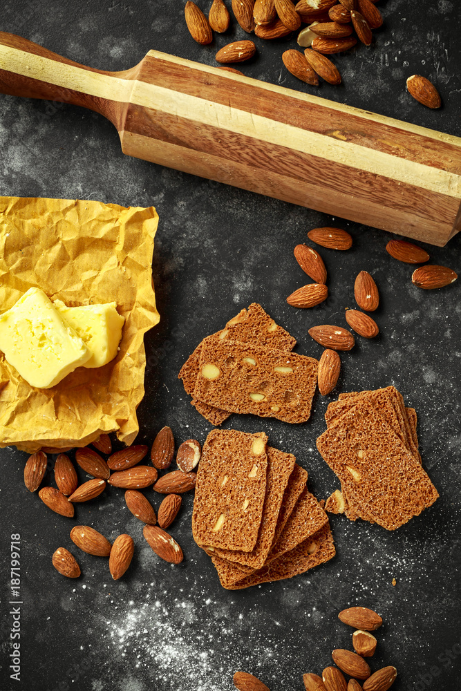 Wall mural Almond thins cookies with nuts and home made butter