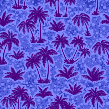 Exotic Seamless Pattern, Tropical Landscape, Palms Trees Blue Silhouettes on Abstract Tile Background. Vector