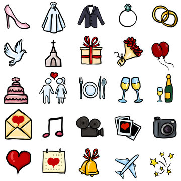 Vector Set of Color Doodle Icons - Wedding Symbols