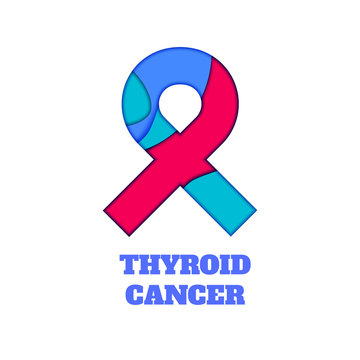 Thyroid cancer awareness poster. Teal, pink and blue ribbon made in 3D paper cut and craft style on white background. Endocrine system disorder. Medical concept. Vector illustration.