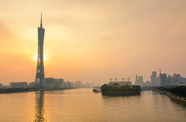Naklejka premium Guangzhou Canton tower at sunset, Guangdong, China