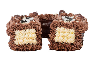 Close up of birthday sponge cake with chocolate cream