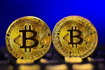 Two coins of bitcoin on a blue background