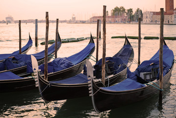 The moored gondolas in San Marco bay in the early cloudy morning. Venice, Italy