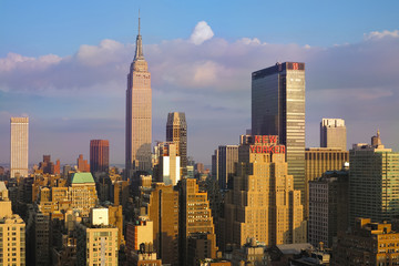 Fototapeta na wymiar View of midtown of Manhattan on sunset. Panorama of skyscrapers of New York City, Manhattan. Top View