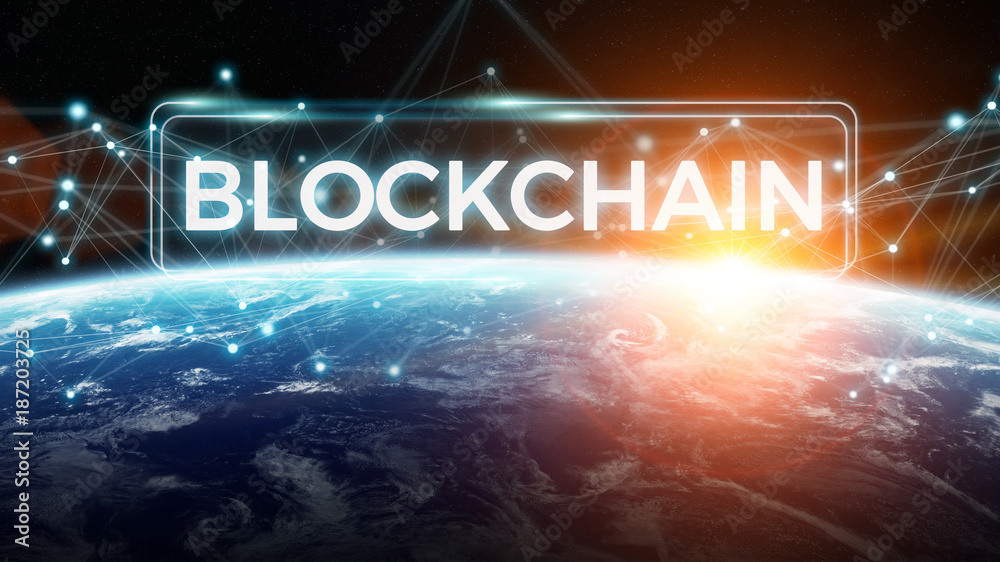 Poster blockchain on planet earth 3d rendering