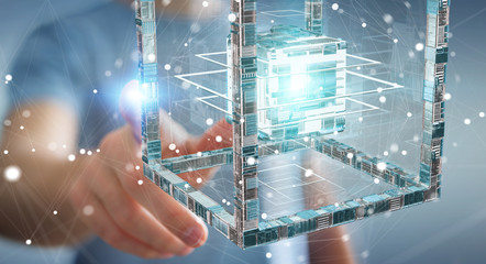 Businessman using futuristic cube textured object 3D rendering