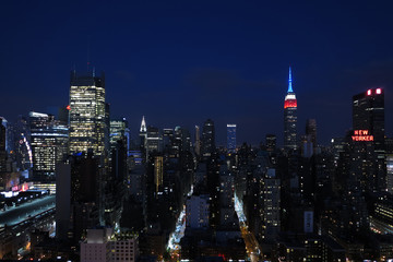 Panorama of skyscrapers of New York City, Manhattan.  View of night midtown of Manhattan