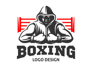 Silhouette of a muscular boxer in a hoodie against the backdrop of a boxing ring - boxing emblem, logo design, illustration on a white background