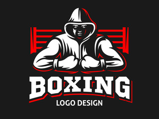 Silhouette of a muscular boxer in a hoodie against the backdrop of a boxing ring - boxing emblem, logo design, illustration on a black background