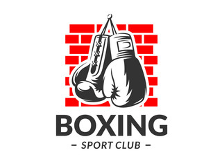 Silhouette of boxing gloves against a brick wall background - boxing emblem, logo design, illustration on a white background