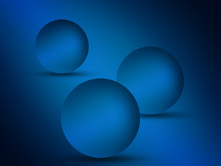     Three blue spheres, balls or orbs. Objects with dropped shadow on blue background. 