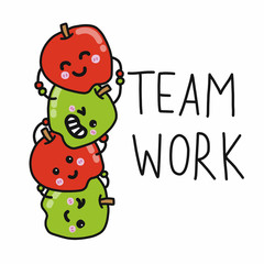 Apple friend team work cartoon vector illustration doodle style, business concept