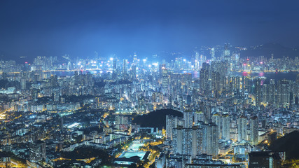 Panorama of aerial view of Hong Kong city at night