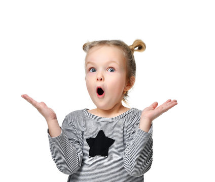 Young Girl Kid Surprised And Shocked With Open Mouth Looking Up Hands Spread