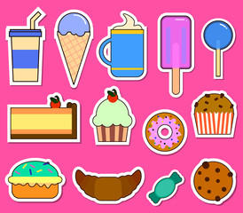 Party big set with different sweets - cake, ice cream, donuts, cupcakes, chocolate bar, candies. Flat design Vector Illustration EPS