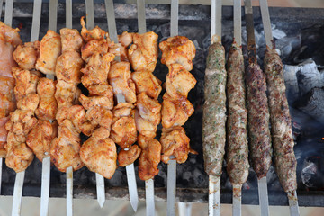 Chicken and Beef on Barbecue Grill in Israel