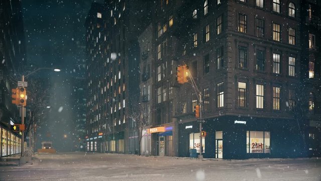 blizzard in new york city. loop able. 3d rendering