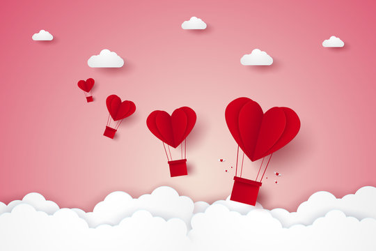 Valentines day , Illustration of love , red heart hot air balloons flying on sky , paper art style