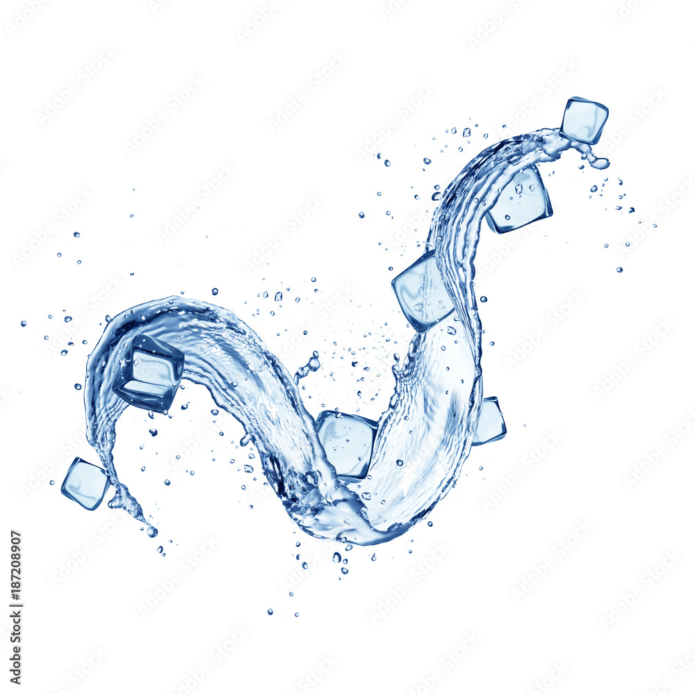Poster abstract shape of water splash with ice cubes, isolated on white background