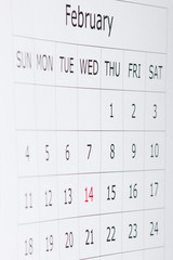 Calendar holiday February 14th Valentine's day is highlighted in red