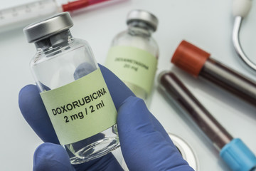 Doctor subject vial with doxorubicin, medication used for disease of leukemia linfatica acute,...