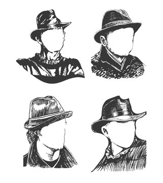 Set of silhouettes of men in hats
