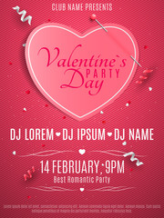 Valentines Day party flyer. Pink note with pin. Banner paper heart. Romantic composition with confetti. Light glitters. Poster for Valentines day. Invitation to the club. Vector.