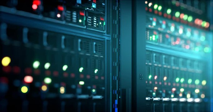 Servers close up. Server. Modern data center. Cloud computing. Mining farm. Loopable seamless animation. 8k 4k UHD