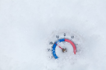 Frozen thermometer shows minus 17 Celsius degree cold winter weather concept