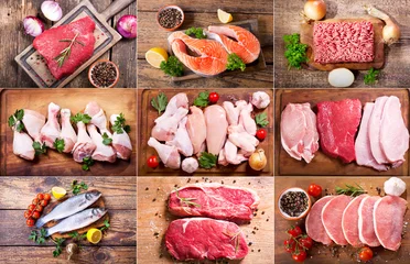 Crédence de cuisine en verre imprimé Viande collage de viande fraîche, poulet et poisson