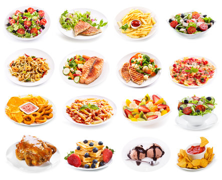 set of plates of food isolated on white background