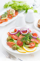 salad with salted salmon on a plate, vertical