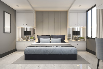 3d rendering modern luxury blue bedroom with marble decor