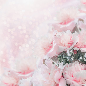 Pastel pink peonies floral border with bokeh. Layout or greeting card for Mothers day, wedding or happy event