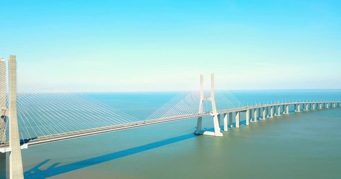 Aerial View Of Vasco da Gama Bridge And High Car Traffic In Lisbon City Of Portugal