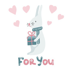 Illustration of cute cartoon bunny on white background with gift and lettering. Can be used like greeting cards, valentains or posters.