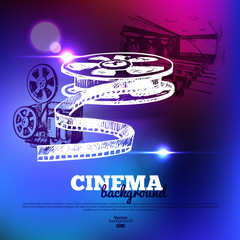 Movie cinema poster. Background with hand drawn sketch illustrations and light effects