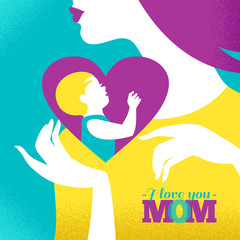 Beautiful silhouette  of mother and baby in heart. Card of Happy Mother's Day