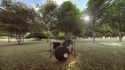 a black drums kit in the forest front view