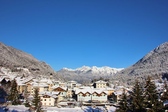 Alpine village of Bondo, Sella Giudicarie (TN), Trentino Alto Adige. Italy. Snowy landscape
