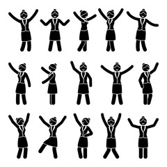 Stick figure happiness, celebration, motion woman set. Vector illustration of celebration poses black and white pictogram