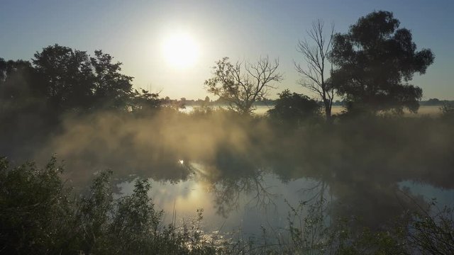 Pannnig shot of sunrise reflected in a misty river. 4K, UHD
