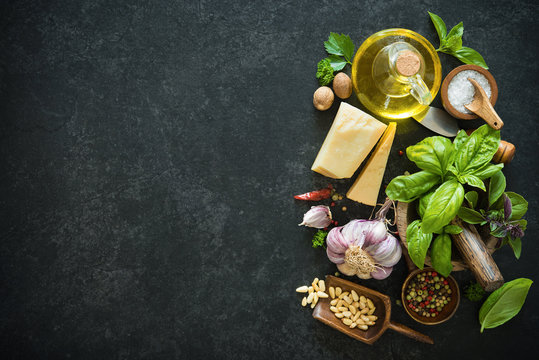 Ingredients for homemade green basil pesto