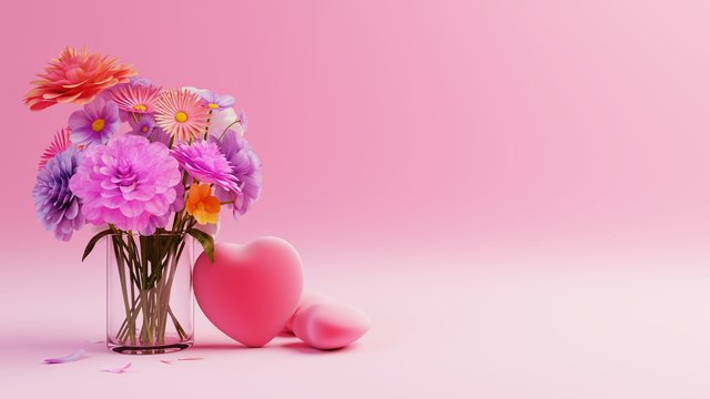 Valentine Day on pink background with red hearts and Multicolor flowers,3D rendering