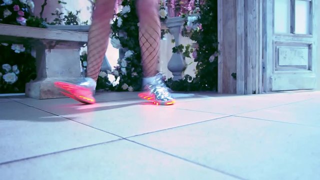 Contemporary dancer,feet steps, shuffle dance,girl in tights a cage and shiny led boots