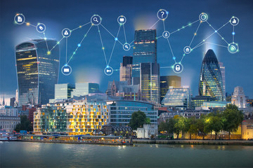 London and river Thames at sunset. Illustration with communication and business icons, network connections concept.