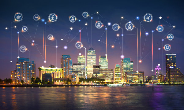 City of London at sunset. Illustration with communication and business icons, network connections concept.