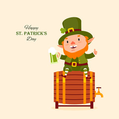 St.Patrick 's Day. Leprechaun sits on a barrel with a pint of beer in his hand. Traditional national character of Irish folklore. Isolated on white background.